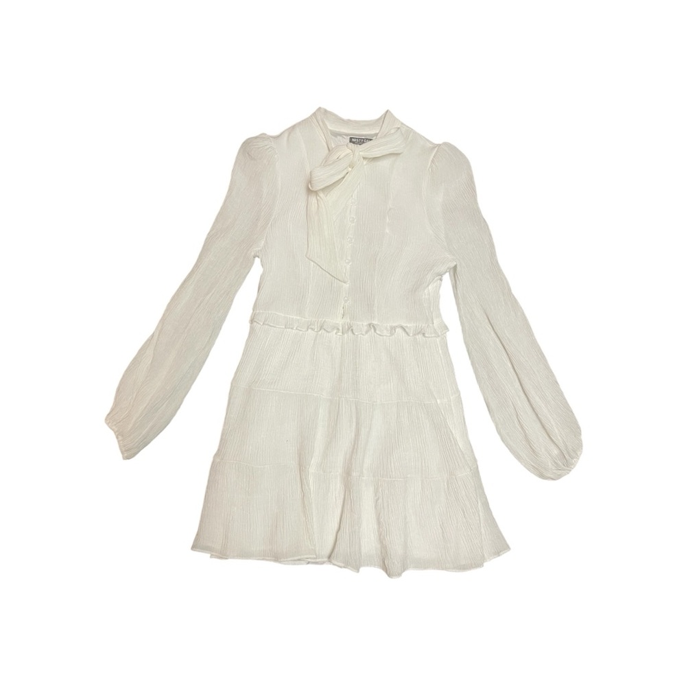Nasty Gal White Crinkle Long Sleeve Dress with Bow Size 10